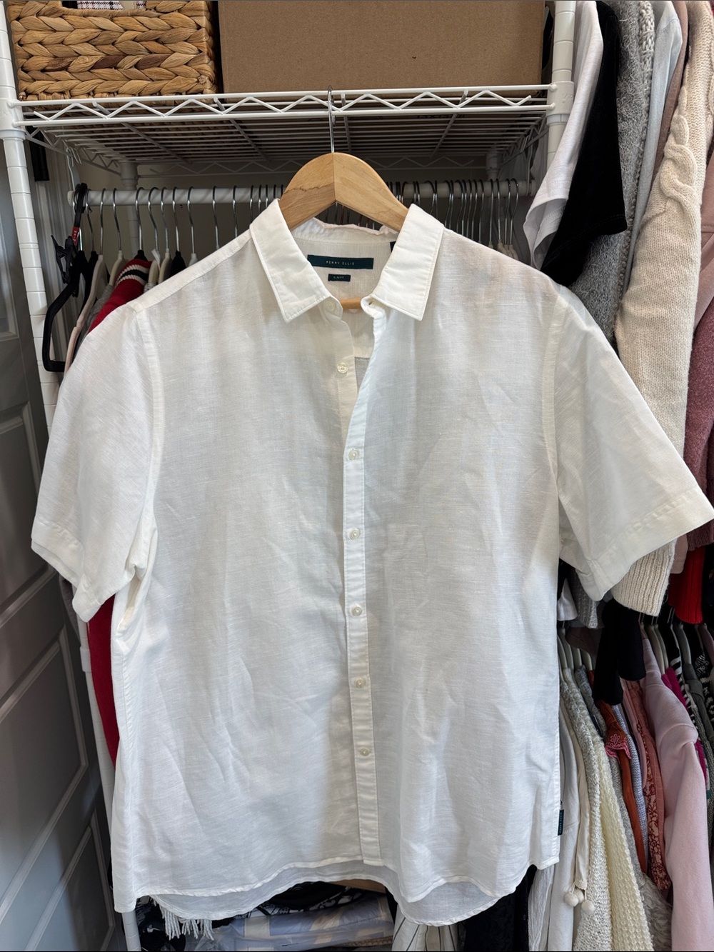Perry Ellis Men’s White Linen & Cotton Button-up Shirt Classy Chic Style size XL
